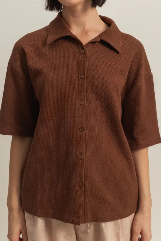 HYFVE Collared Neck Button Down Waffle Shirt - Premium Women / Tops from Trendsi - Just $35.56! Shop now at Handbags Specialist Headquarter