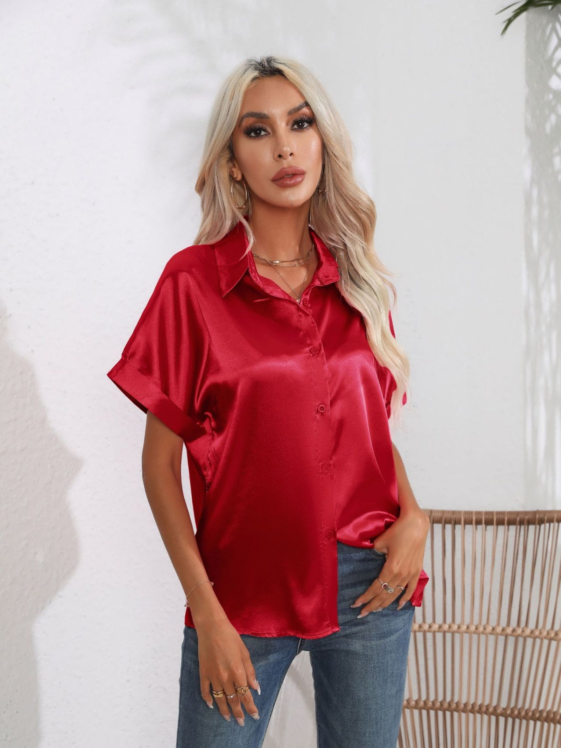 Button Down Collared Neck Short Sleeve Satin Shirt - Premium Women / Tops from Trendsi - Just $18.76! Shop now at Handbags Specialist Headquarter