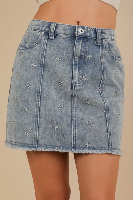 VERY J Bow Printed Casual Denim Mini Skirt - Premium Women / Jeans & Denim from Trendsi - Just $38.88! Shop now at Handbags Specialist Headquarter