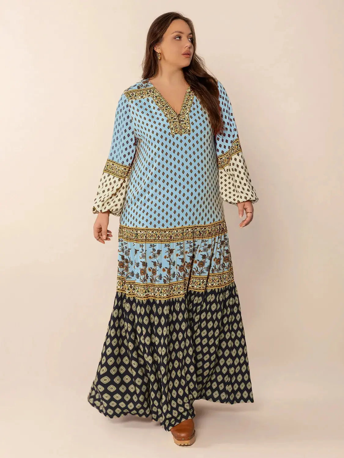 Plus Size Printed V-Neck Balloon Sleeve Maxi Dress.