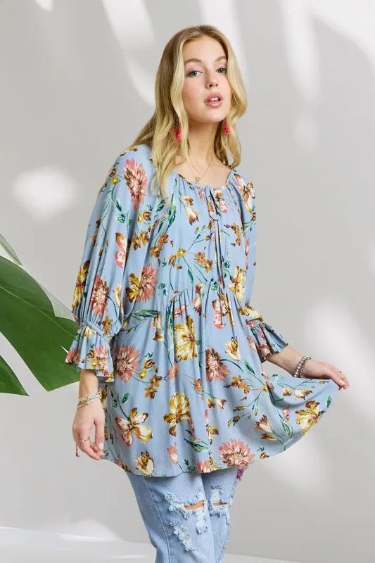ADORA Floral Peasant Tunic Top - Premium Women / Jeans & Denim from Trendsi - Just $41.74! Shop now at Handbags Specialist Headquarter