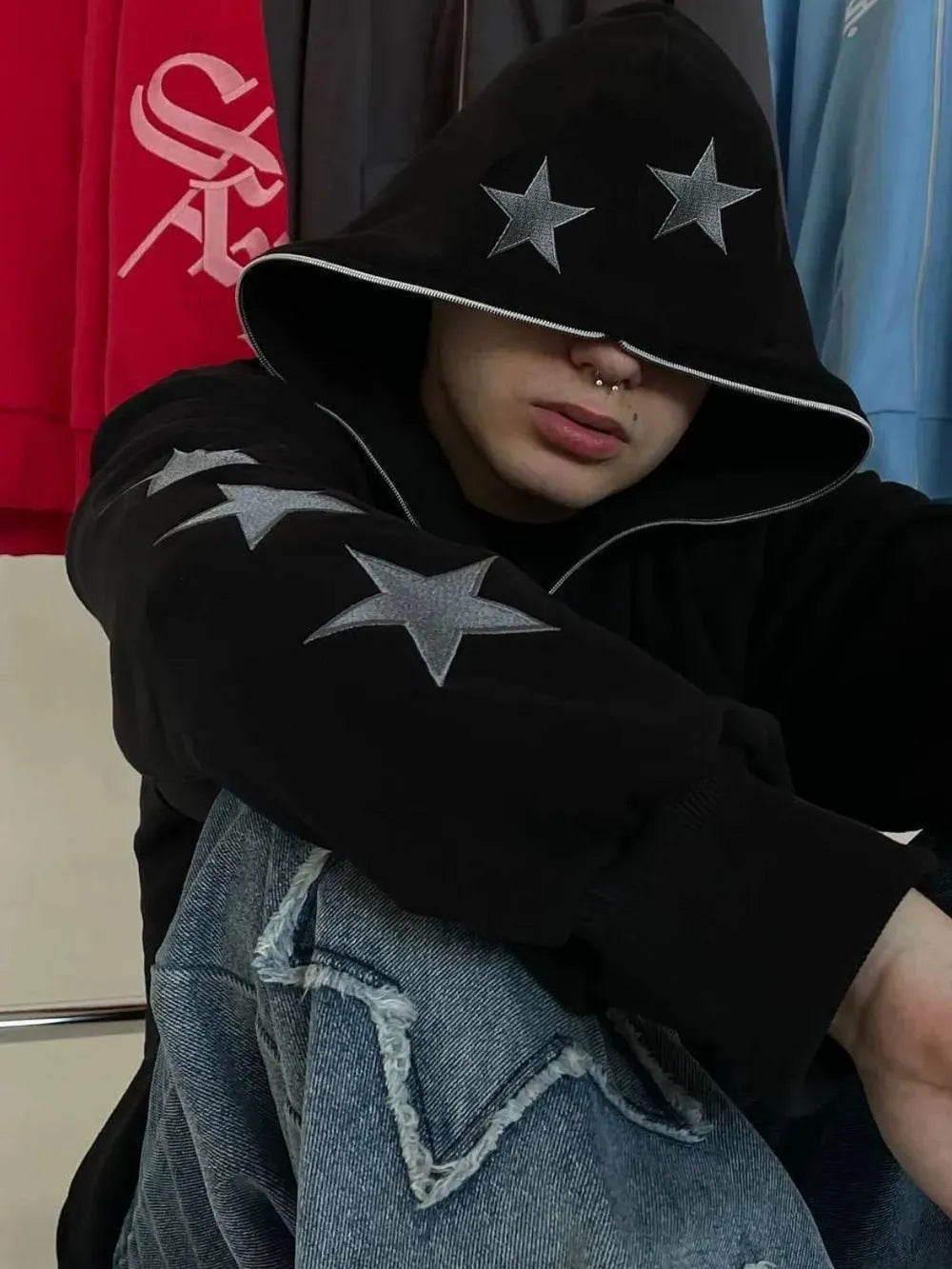 Men's Star Embroidery Zip Up Hoodie - Premium Men's Sweatshirts from Trendsi - Just $43.58! Shop now at Handbags Specialist Headquarter