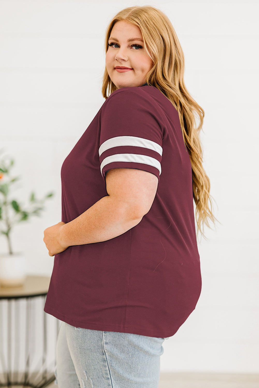Plus Size Striped V-Neck Tee Shirt - Premium Plus Size Shirts from Trendsi - Just $26! Shop now at Handbags Specialist Headquarter