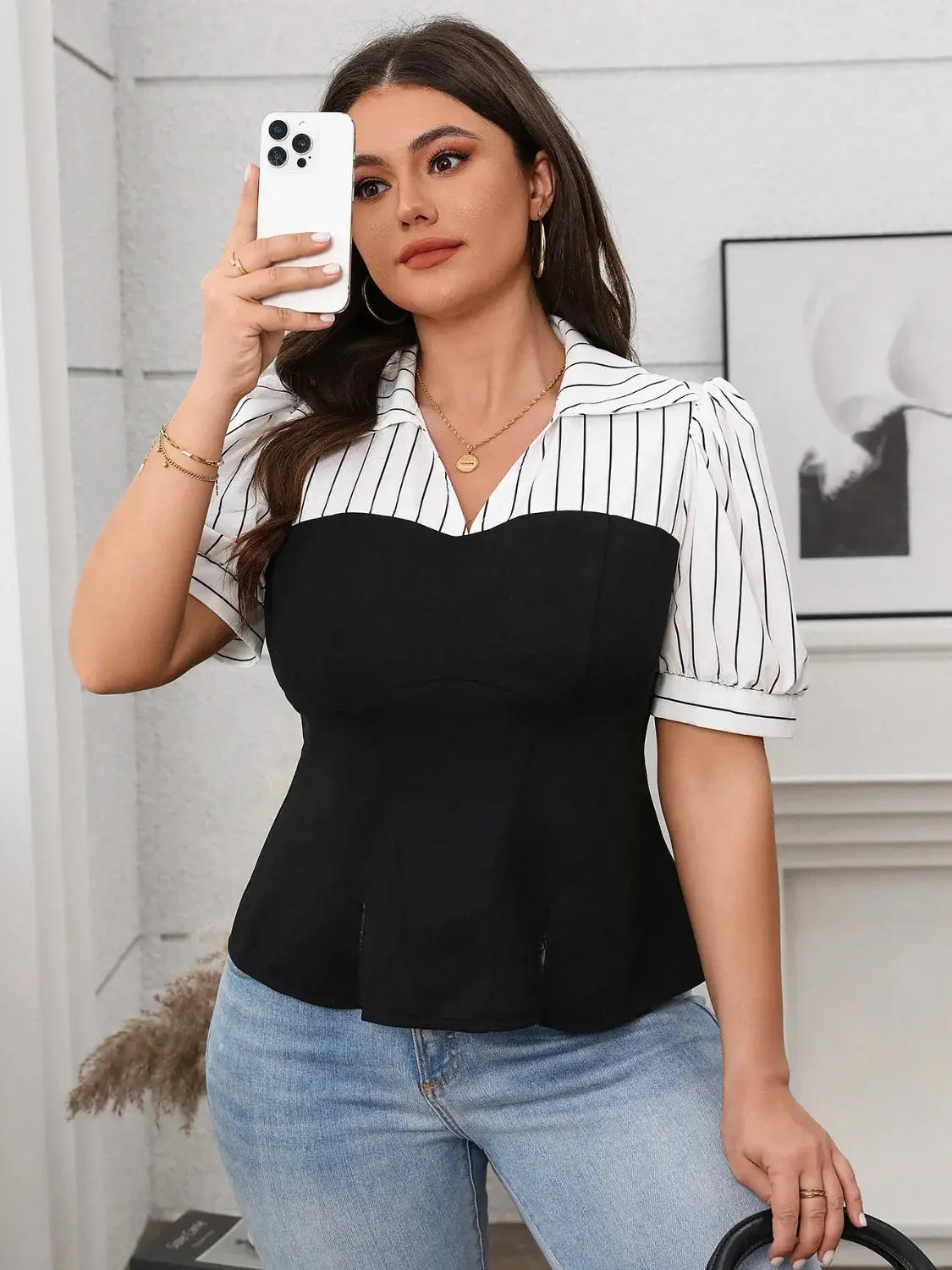 Plus Size Striped Johnny Collar Short Sleeve Blouse.