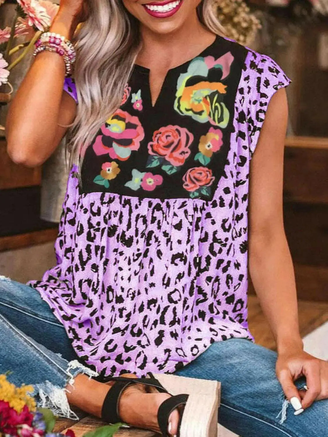 Full Size Leopard Floral Notched Cap Sleeve Blouse Plus Size.