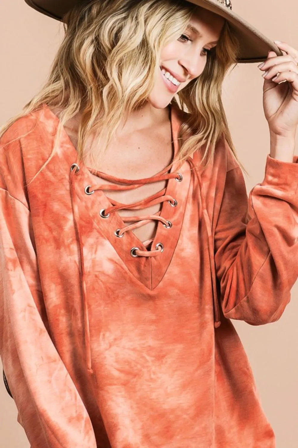 BiBi Lace-Up Tie-Dye French Terry Long Sleeve Top - Premium Women / Jeans & Denim from Trendsi - Just $41.22! Shop now at Handbags Specialist Headquarter