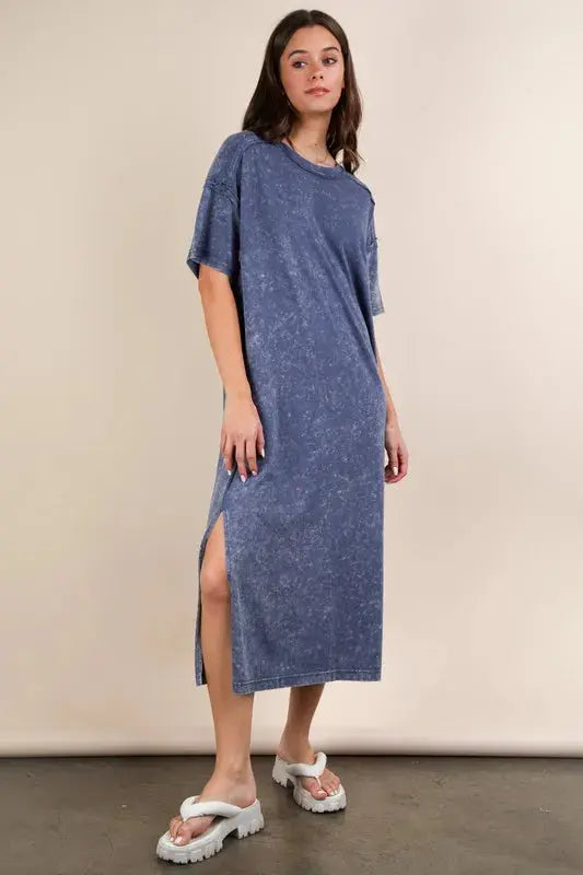 VERY J Plus Size Mineral Washed Casual Comfy Midi Dress.