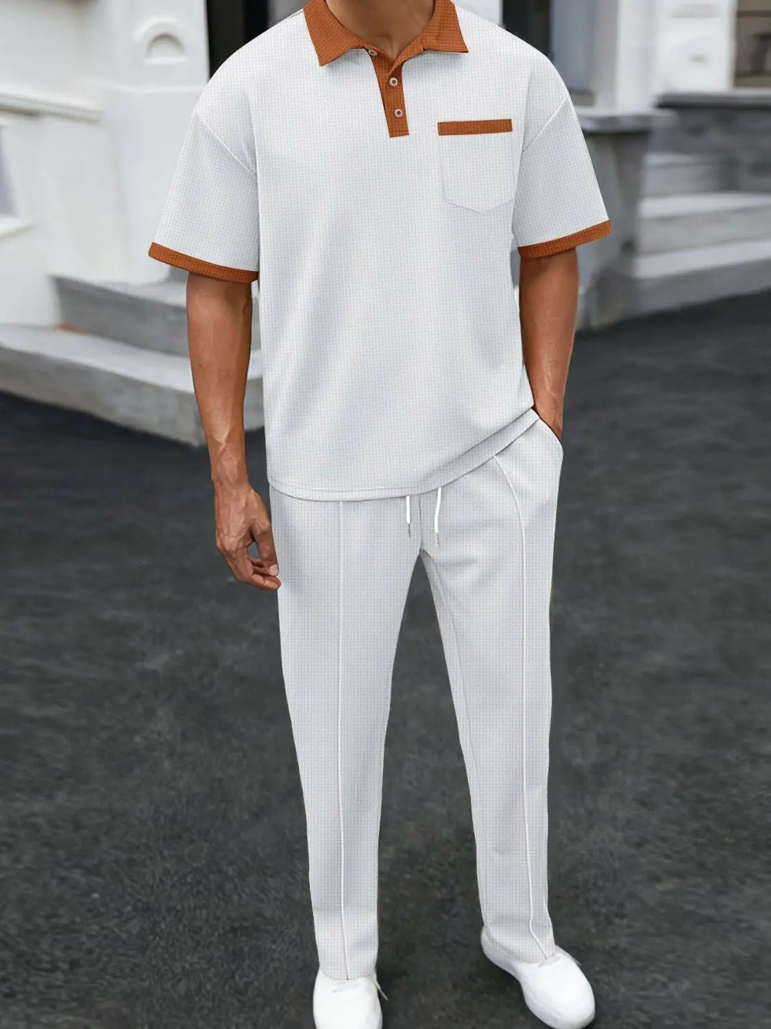 Men's Full Size Waffle-Knit Contrast Polo and Pants Set Plus Size.