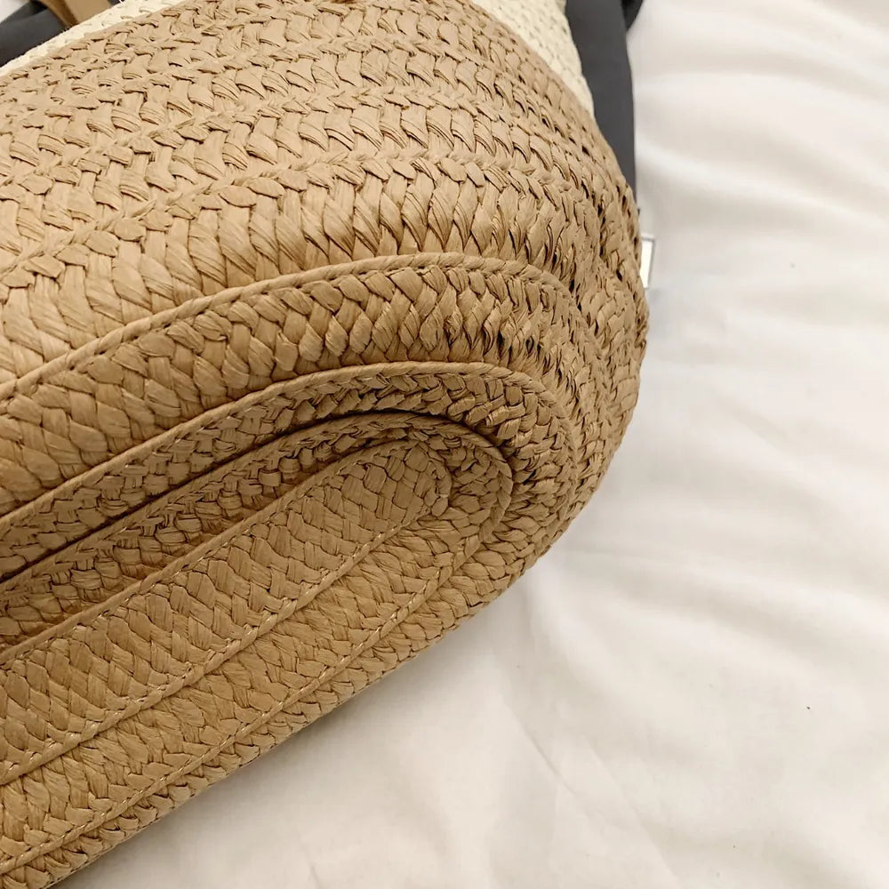 Contrast Straw Braided Handbag - Premium Tote Bag from Trendsi - Just $32.99! Shop now at Handbags Specialist Headquarter