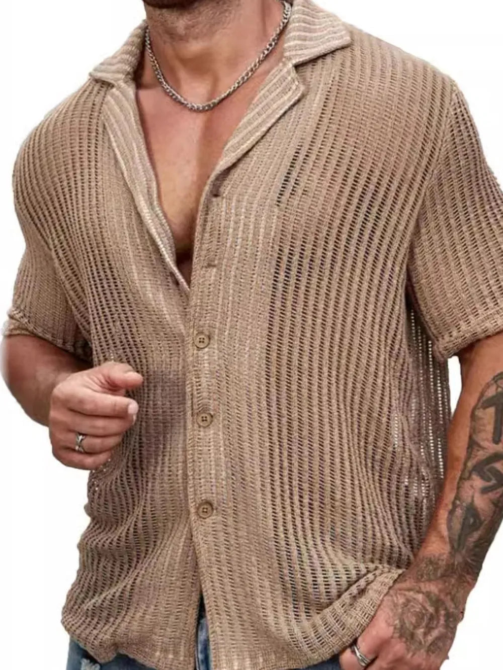 Men's Full Size Openwork Button Down Short Sleeve Shirt Plus Size - Premium Men's Shirts from Trendsi - Just $36.14! Shop now at Handbags Specialist Headquarter