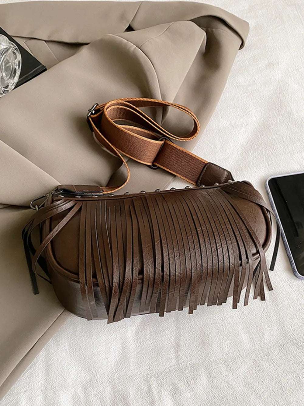 PU Leather Fringe Studded Crossbody Bag - Premium Crossbody Bag from Trendsi - Just $29.99! Shop now at Handbags Specialist Headquarter