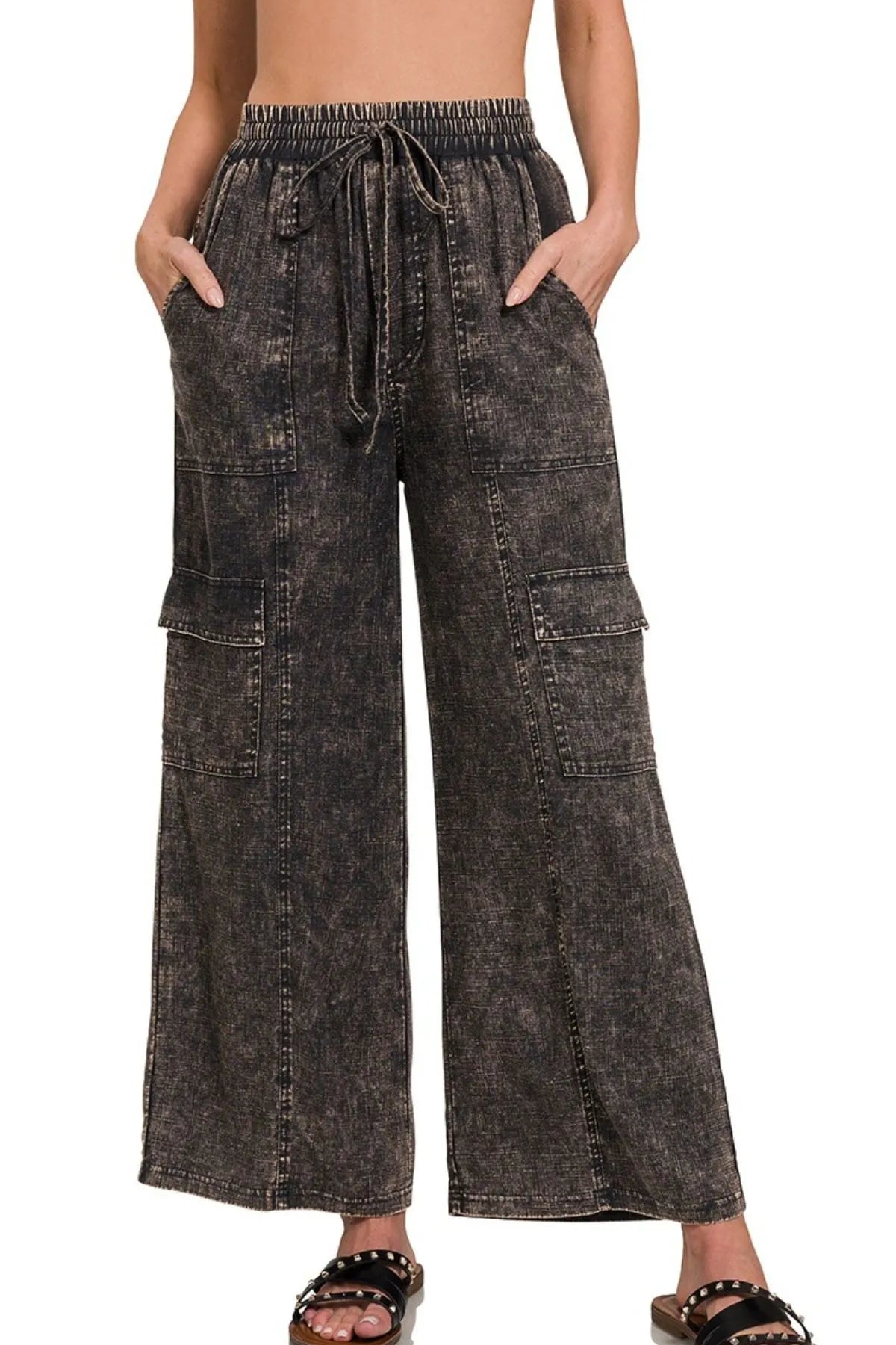 Zenana Washed Linen Elastic Band Waist Cargo Pants - Premium Women Pants from Trendsi - Just $42.99! Shop now at Handbags Specialist Headquarter