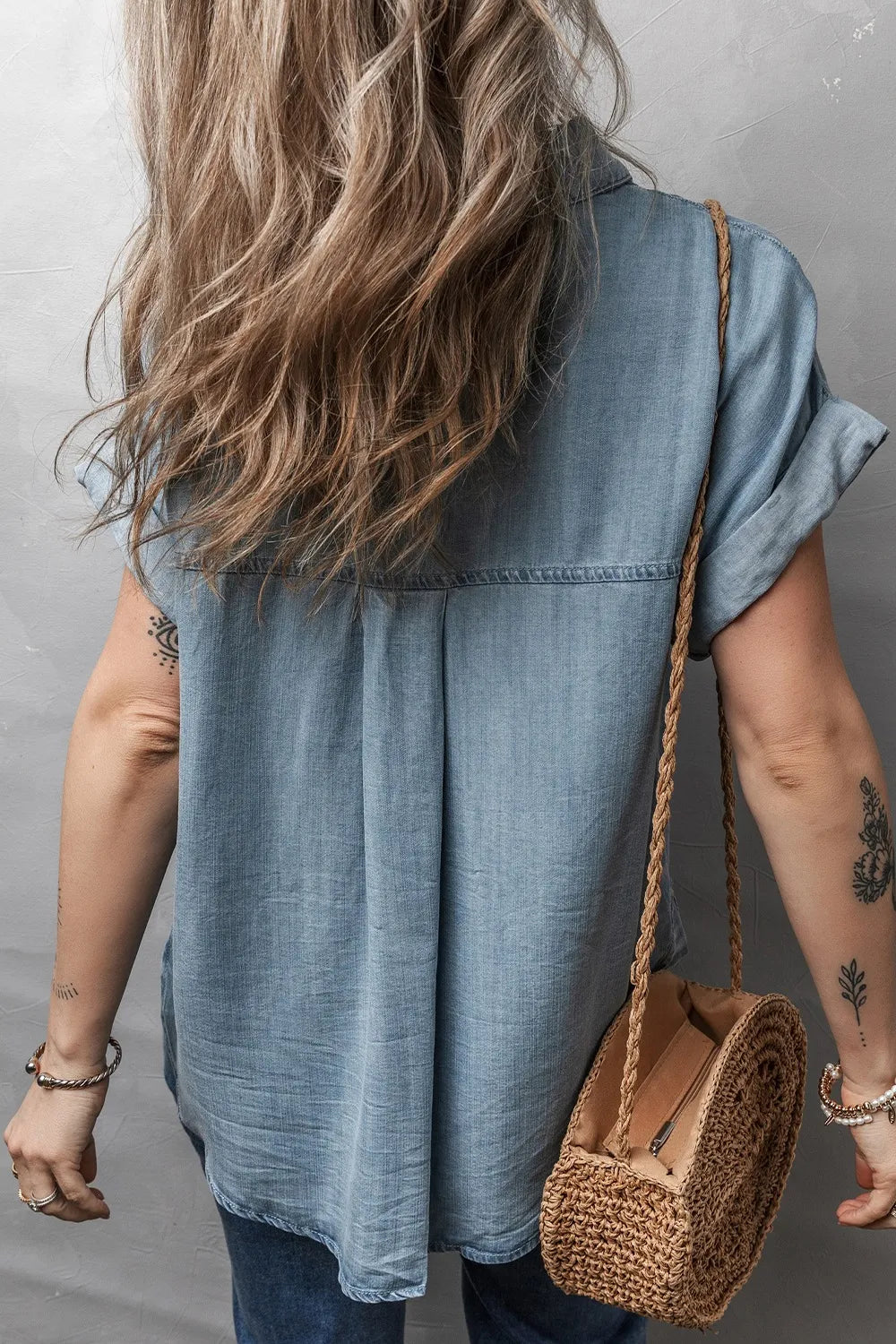Folded Short Sleeve Patched Pocket Denim Shirt - Premium Women / Jeans & Denim from Trendsi - Just $48.76! Shop now at Handbags Specialist Headquarter