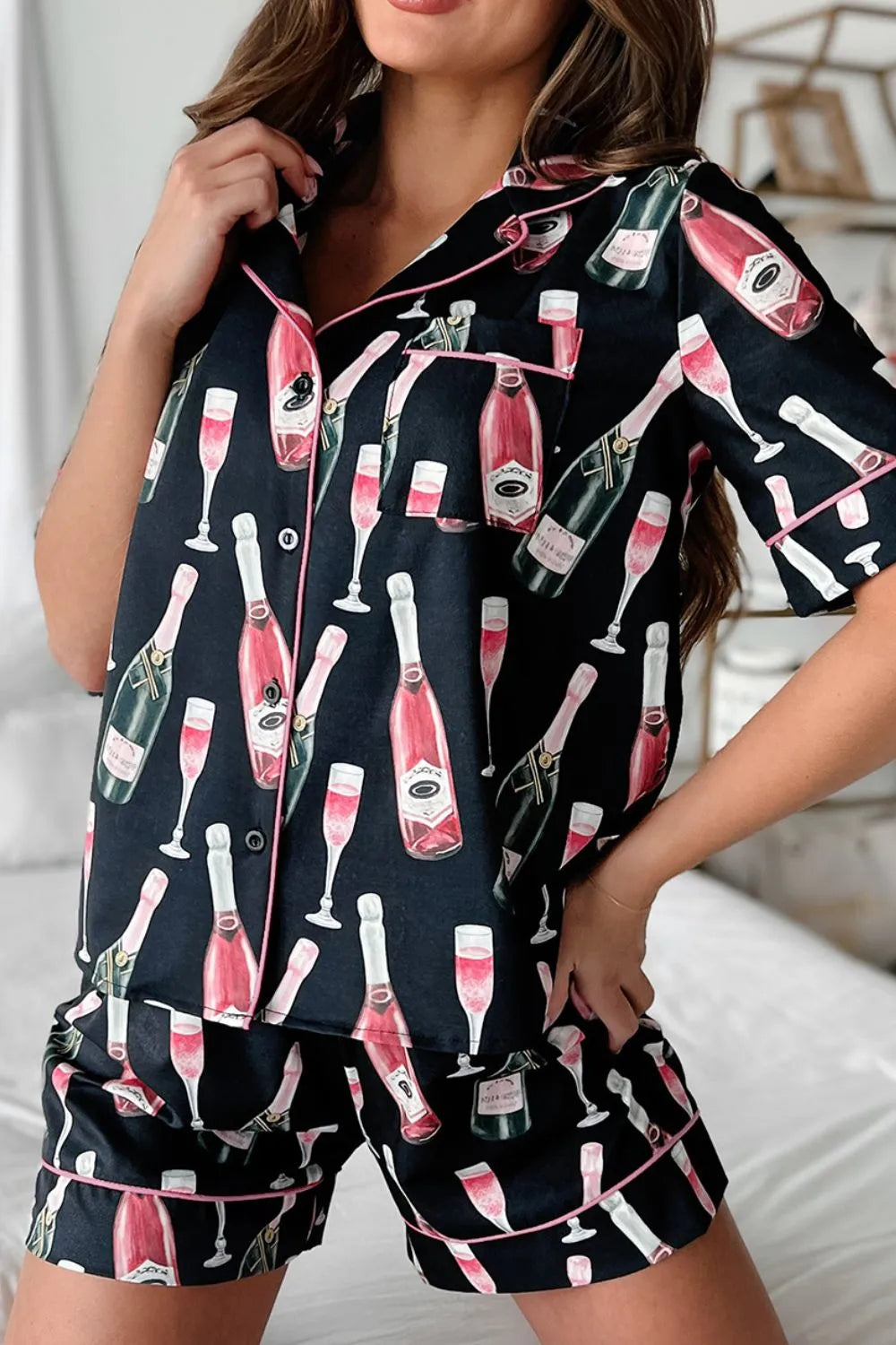 Champagne Print Short Sleeve Top and Shorts Set - Premium Sleepwear from Trendsi - Just $56.99! Shop now at Handbags Specialist Headquarter