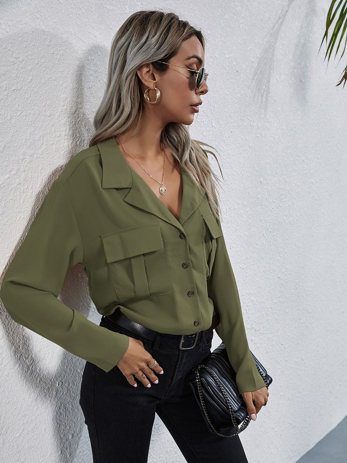 Collared Neck Button Down Shirt - Premium Women's Down Shirt Tops from Trendsi - Just $27! Shop now at Handbags Specialist Headquarter