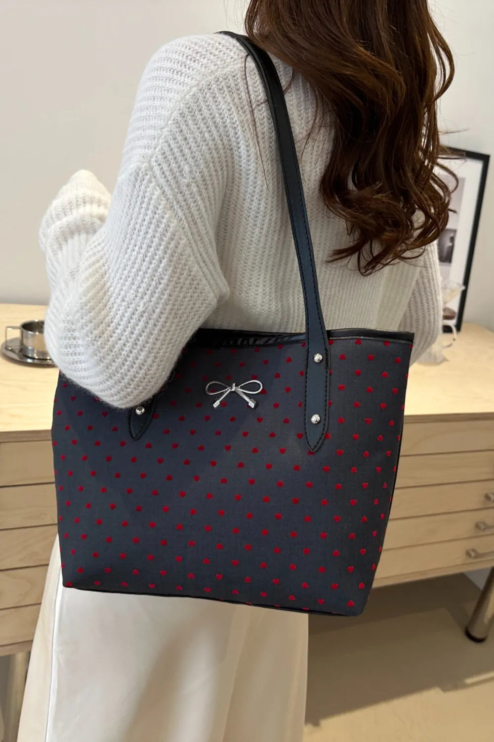 Bow Trim Polyester Tote Bag - Premium Tote Bag from Trendsi - Just $39.99! Shop now at Handbags Specialist Headquarter