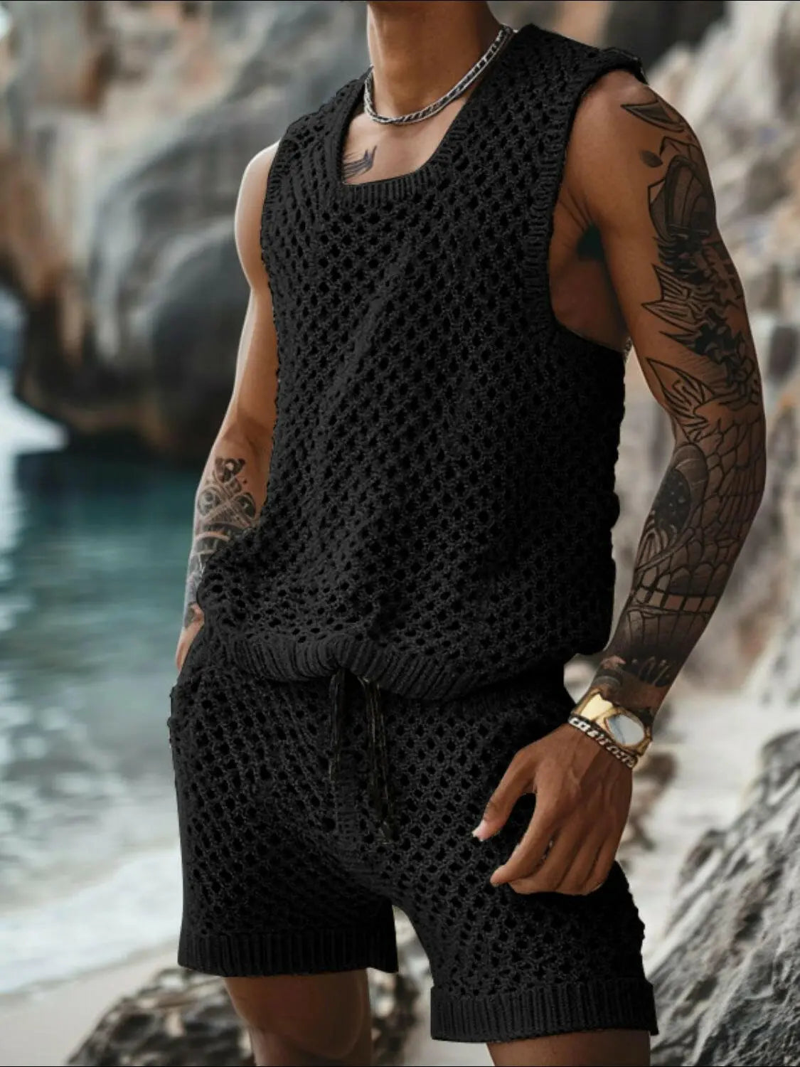 Men's Plus Size Hollow Out Round Neck Tank and Shorts Set.
