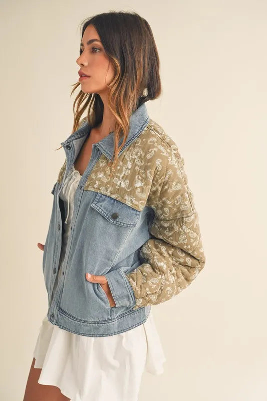 MABLE Quilted Paisley Print Contrast Denim Jacket - Premium Women / Jeans & Denim from Trendsi - Just $71.56! Shop now at Handbags Specialist Headquarter