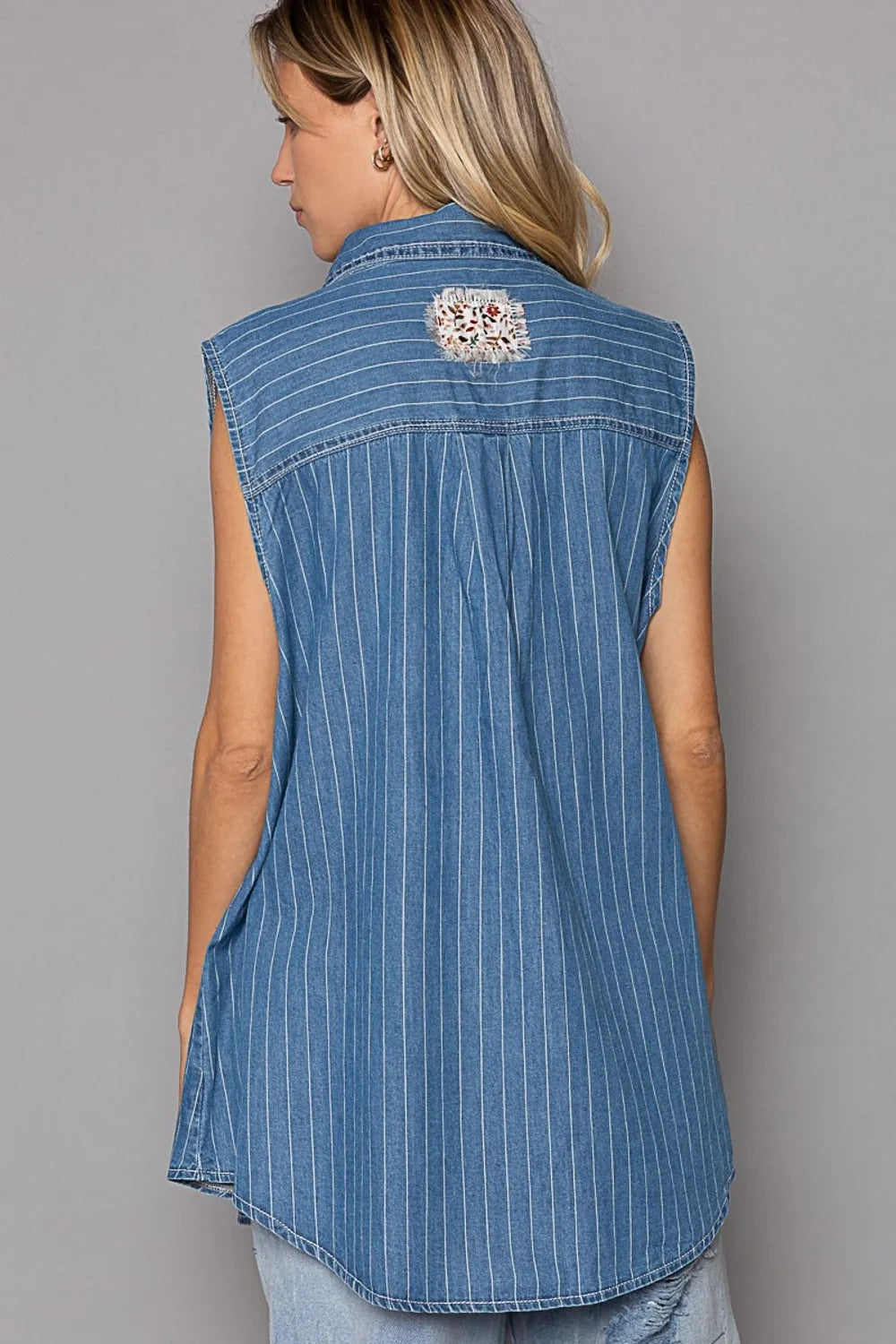 POL Button Down Sleeveless Striped Denim Shirt - Premium Women / Jeans & Denim from Trendsi - Just $43.86! Shop now at Handbags Specialist Headquarter