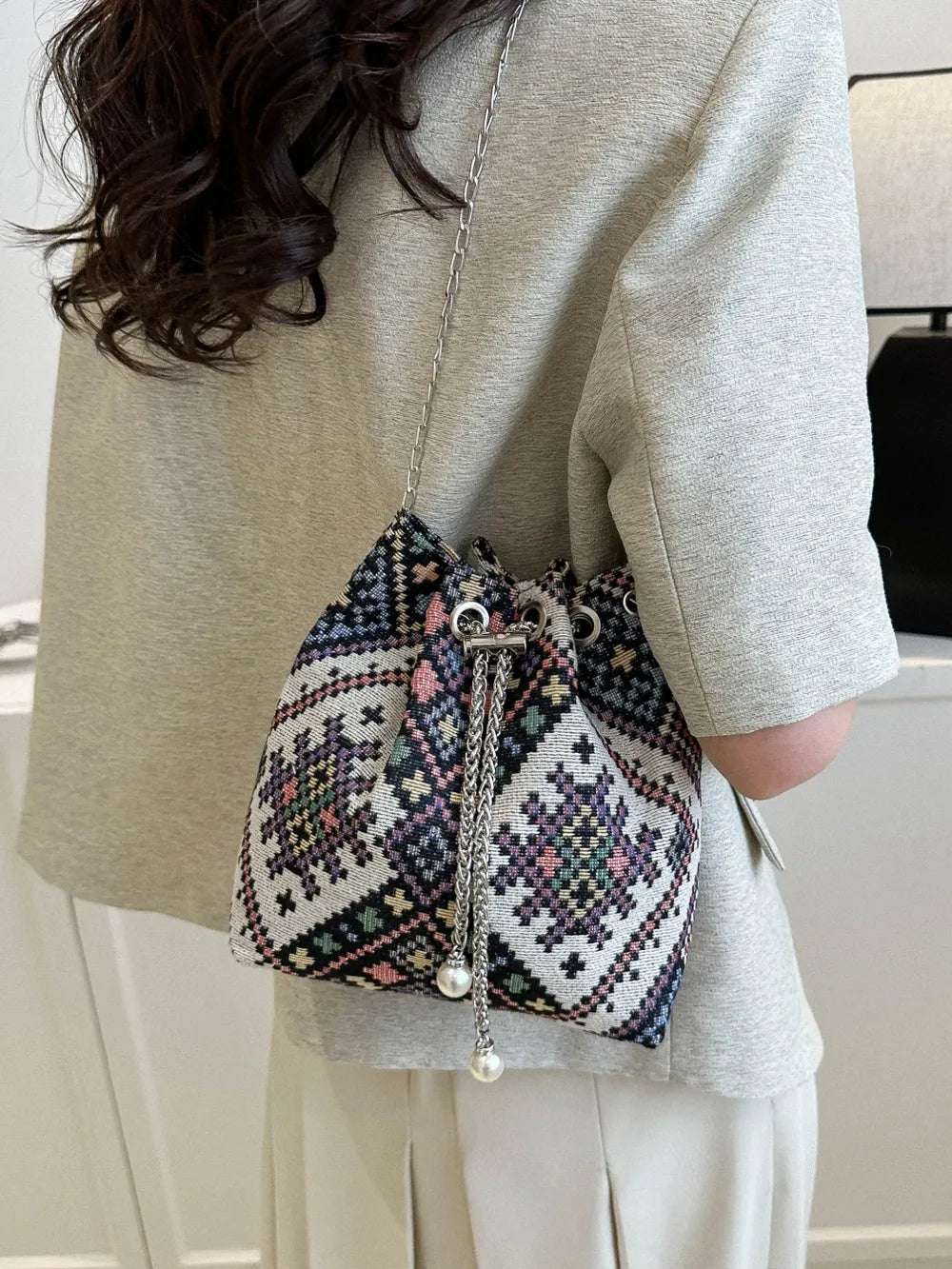 Printed Chain Bucket Bag - Premium Crossbody Bag from Trendsi - Just $19.99! Shop now at Handbags Specialist Headquarter