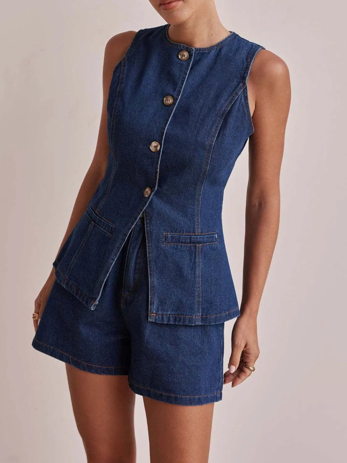 Button Down Vest and Shorts Denim Set - Premium Women / Jeans & Denim from Trendsi - Just $65.12! Shop now at Handbags Specialist Headquarter