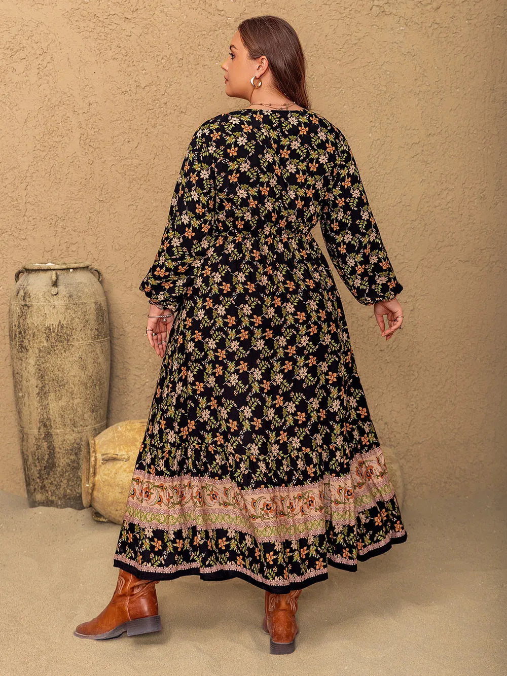 Plus Size Floral V-Neck Balloon Sleeve Dress - Premium Dresses from Trendsi - Just $45.99! Shop now at Handbags Specialist Headquarter