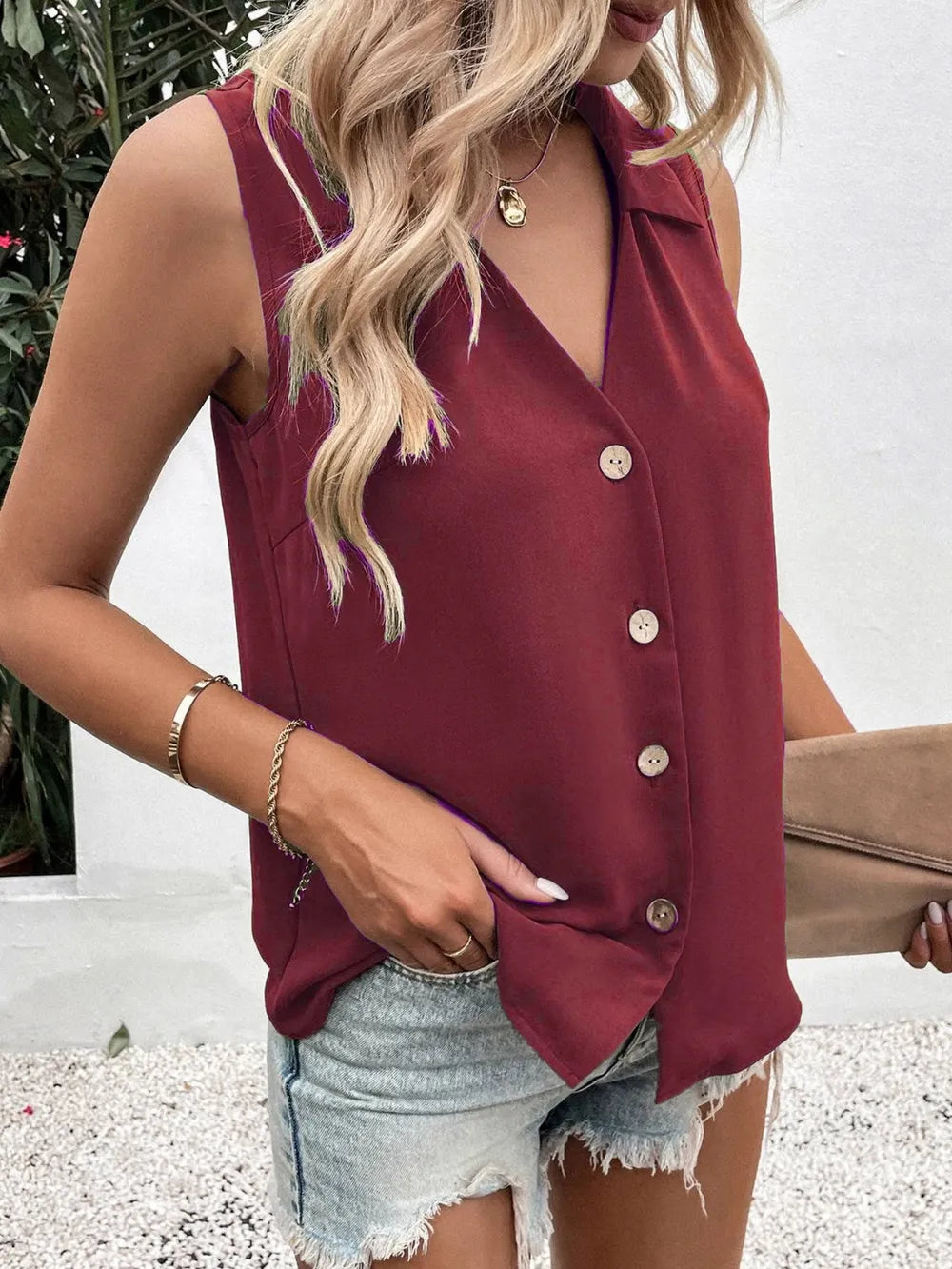 Full Size Johnny Collar Button Down Tank Plus Size - Premium Dresses from Trendsi - Just $20.99! Shop now at Handbags Specialist Headquarter