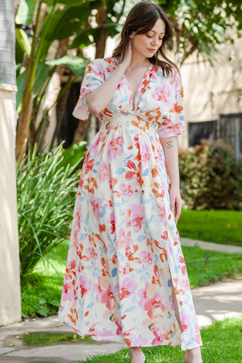 Floral Deep V Slit Maxi Dress - Premium Maxi Dress from Trendsi - Just $54.99! Shop now at Handbags Specialist Headquarter