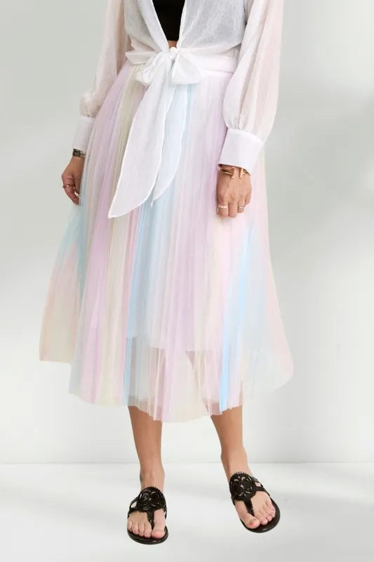 ADORA  Unicorn Pleated Mesh Flare Midi Skirt - Premium Skirts from Trendsi - Just $34.99! Shop now at Handbags Specialist Headquarter