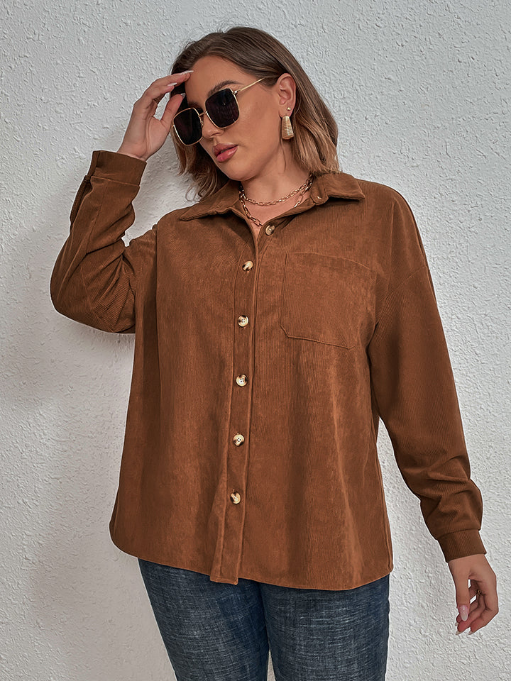 Honey Plus Size Collared Neck Long Sleeve Shirt - Premium Plus Size Shirts from Trendsi - Just $43! Shop now at Handbags Specialist Headquarter