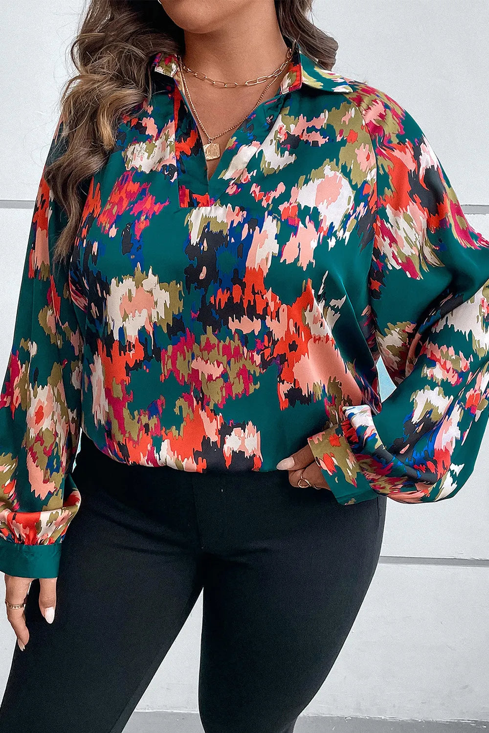 Plus Size Printed Johnny Collar Long Sleeve Blouse - Premium Plus Size Shirts from Trendsi - Just $29! Shop now at Handbags Specialist Headquarter