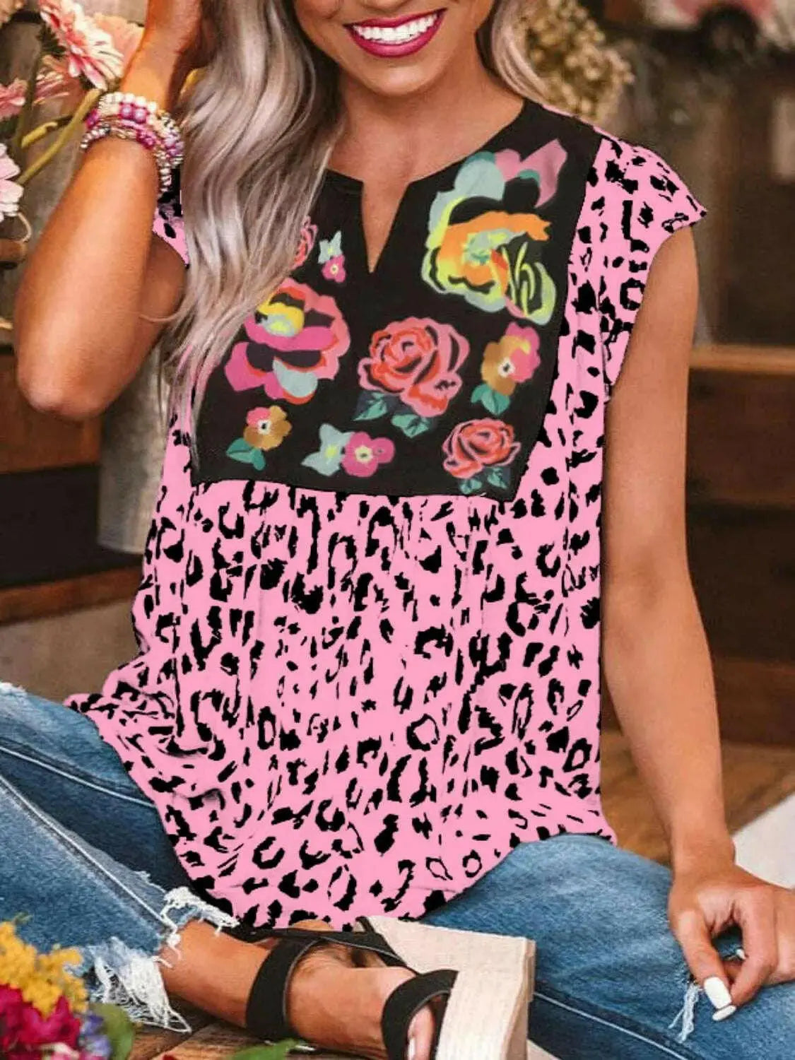 Full Size Leopard Floral Notched Cap Sleeve Blouse Plus Size.