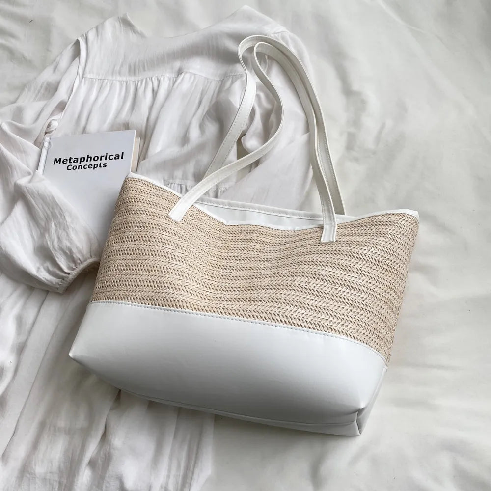 Straw Weave Leather Strap Tote Bag - Premium Tote Bag from Trendsi - Just $39.99! Shop now at Handbags Specialist Headquarter