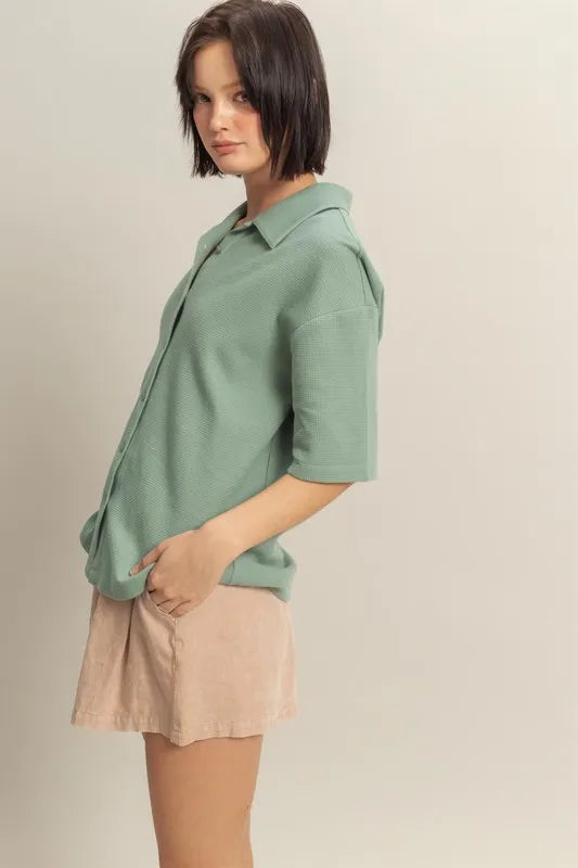 HYFVE Collared Neck Button Down Waffle Shirt - Premium Women's Down Shirt Tops from Trendsi - Just $35.56! Shop now at Handbags Specialist Headquarter