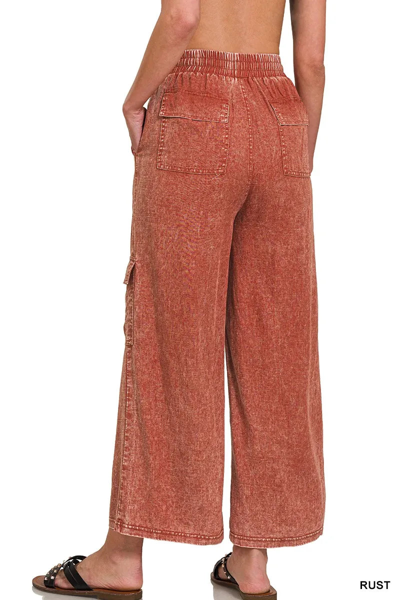 Zenana Washed Linen Elastic Band Waist Cargo Pants - Premium Women Pants from Trendsi - Just $42.99! Shop now at Handbags Specialist Headquarter