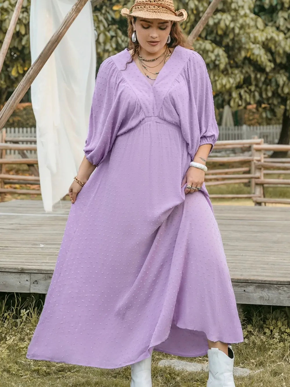 Plus Size Swiss Dot V-Neck Midi Dress - Premium Dresses from Trendsi - Just $45.99! Shop now at Handbags Specialist Headquarter