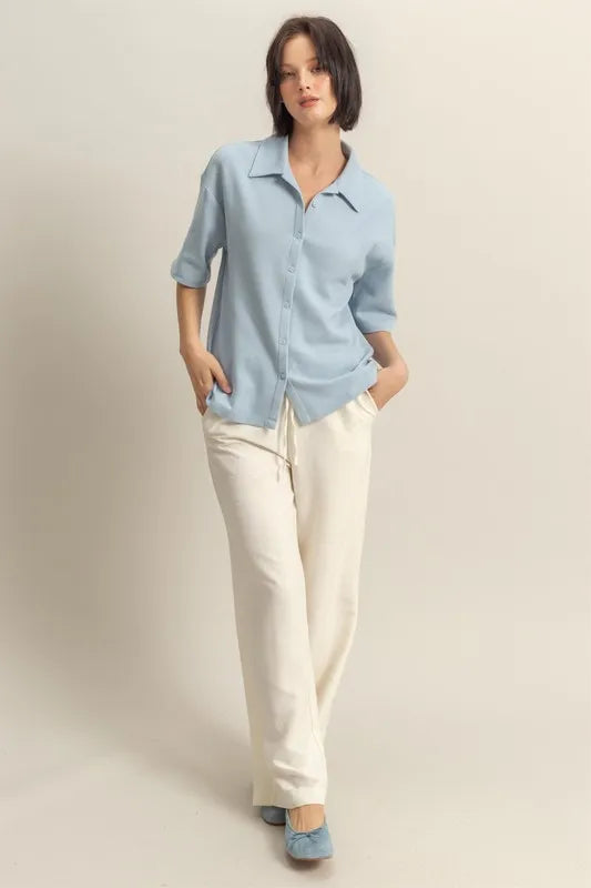 HYFVE Collared Neck Button Down Waffle Shirt - Premium Women's Down Shirt Tops from Trendsi - Just $35.56! Shop now at Handbags Specialist Headquarter