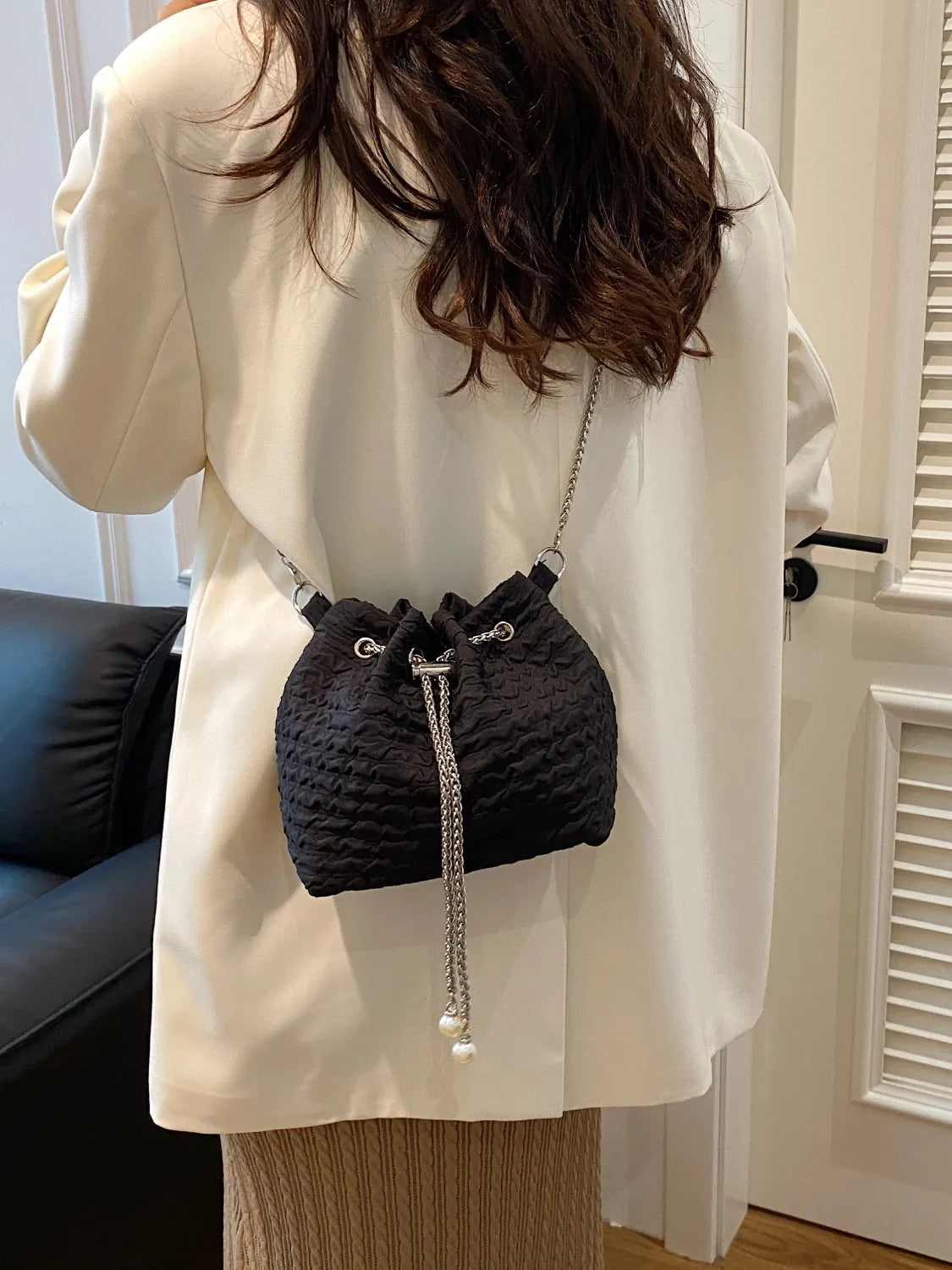 Textured Chain Bucket Bag.