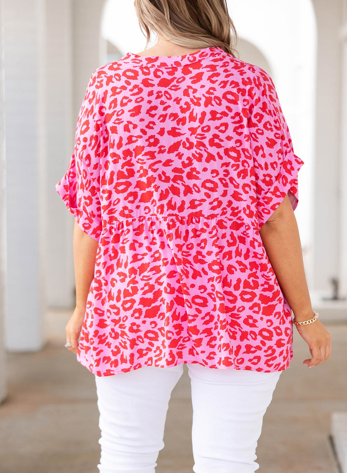 Plus Size Printed Notched Neck Half Sleeve Top - Premium Plus Size Shirts from Trendsi - Just $28! Shop now at Handbags Specialist Headquarter