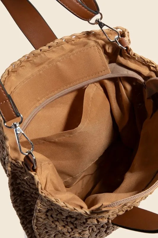 Fame Faux Leather Handle Straw Braided Handbag.