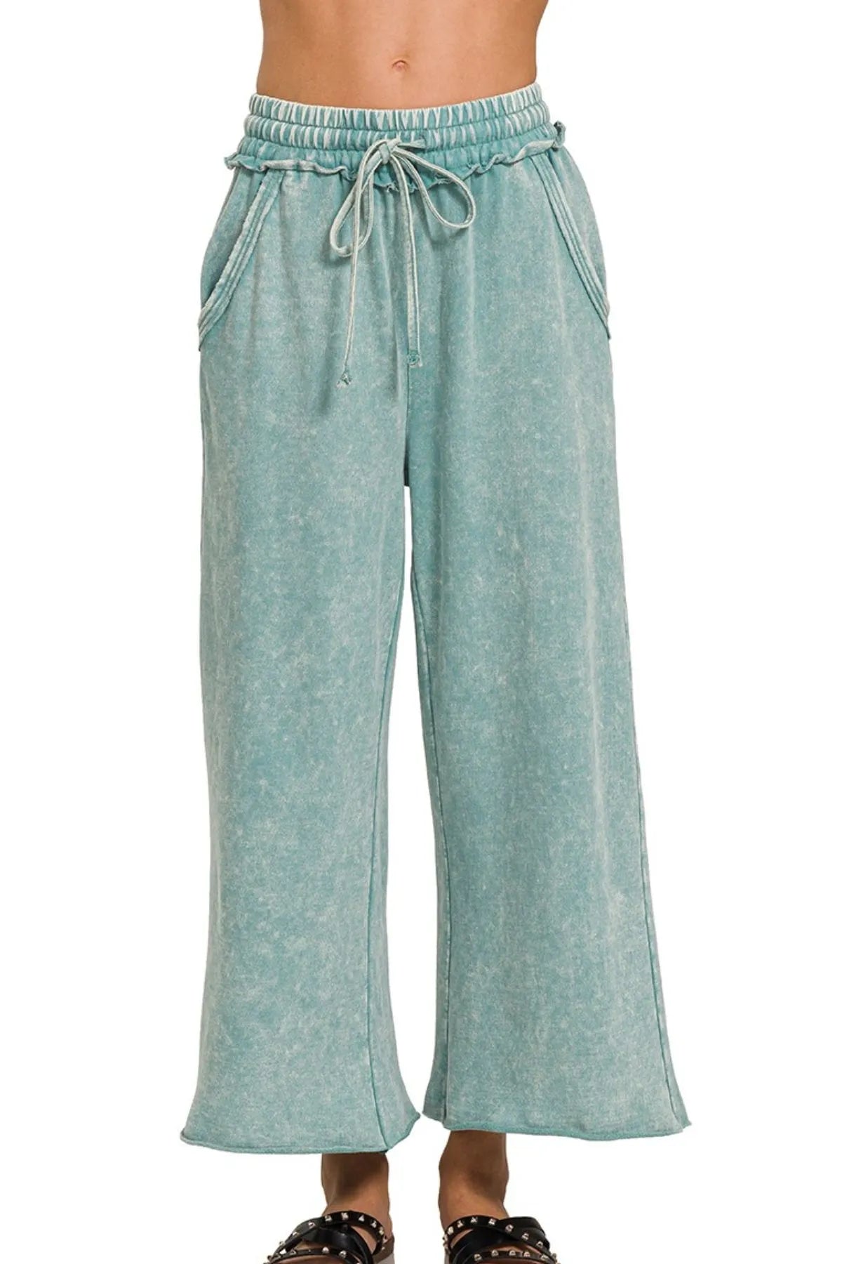 Zenana Washed French Terry Palazzo With Pockets - Premium Women Pants from Trendsi - Just $34.99! Shop now at Handbags Specialist Headquarter