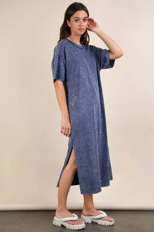 VERY J Plus Size Mineral Washed Casual Comfy Midi Dress.