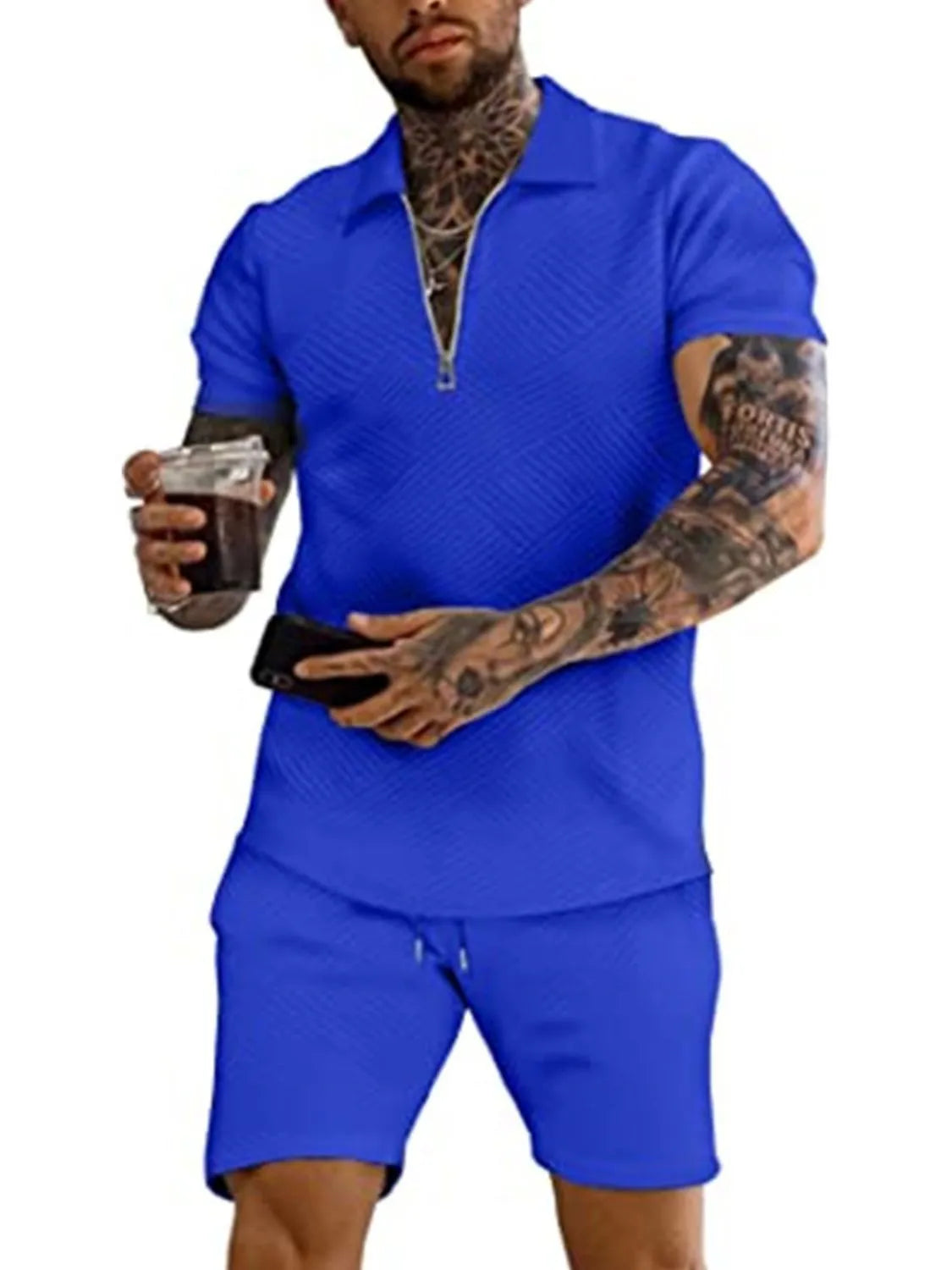 Men's Full Size Textured Collared Neck Short Sleeve Top and Shorts Set Plus Size - Premium Men's Pants Set from Trendsi - Just $33.66! Shop now at Handbags Specialist Headquarter