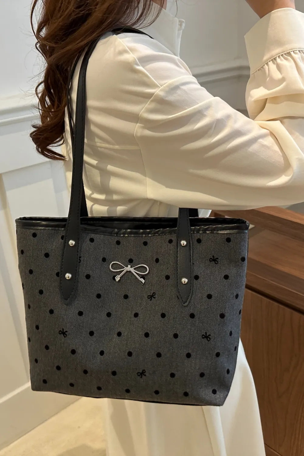 Bow Trim Polyester Tote Bag - Premium Tote Bag from Trendsi - Just $39.99! Shop now at Handbags Specialist Headquarter
