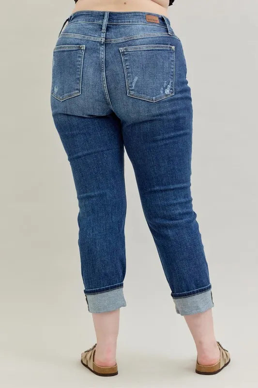 Judy Blue Full Size Mid Rise Cuffed Destroy Bf Jeans Plus Size - Premium Women / Jeans & Denim from Trendsi - Just $62.99! Shop now at Handbags Specialist Headquarter