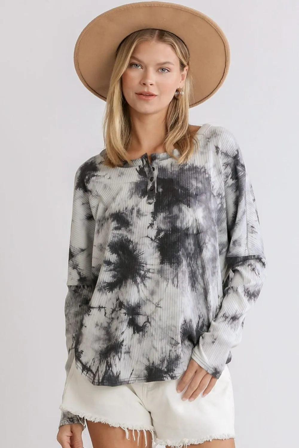 Umgee Full Size Tie Dye Round Neck Ribbed Button Front Top Plus Size - Premium Dresses from Trendsi - Just $29.99! Shop now at Handbags Specialist Headquarter