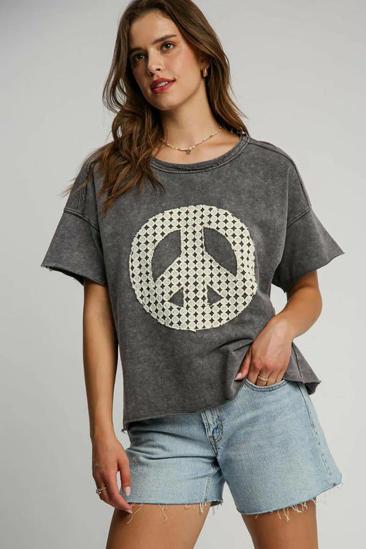 Umgee Full Size Mineral Wash T-Shirt with Lace Applique Plus Size.