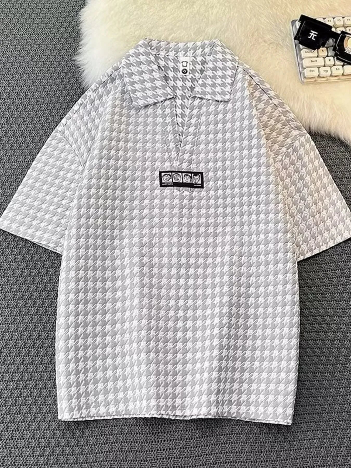 Men's Plus Size Houndstooth Pattern Short Sleeve Polo Shirt - Premium Men's Polo shirt from Trendsi - Just $22.99! Shop now at Handbags Specialist Headquarter