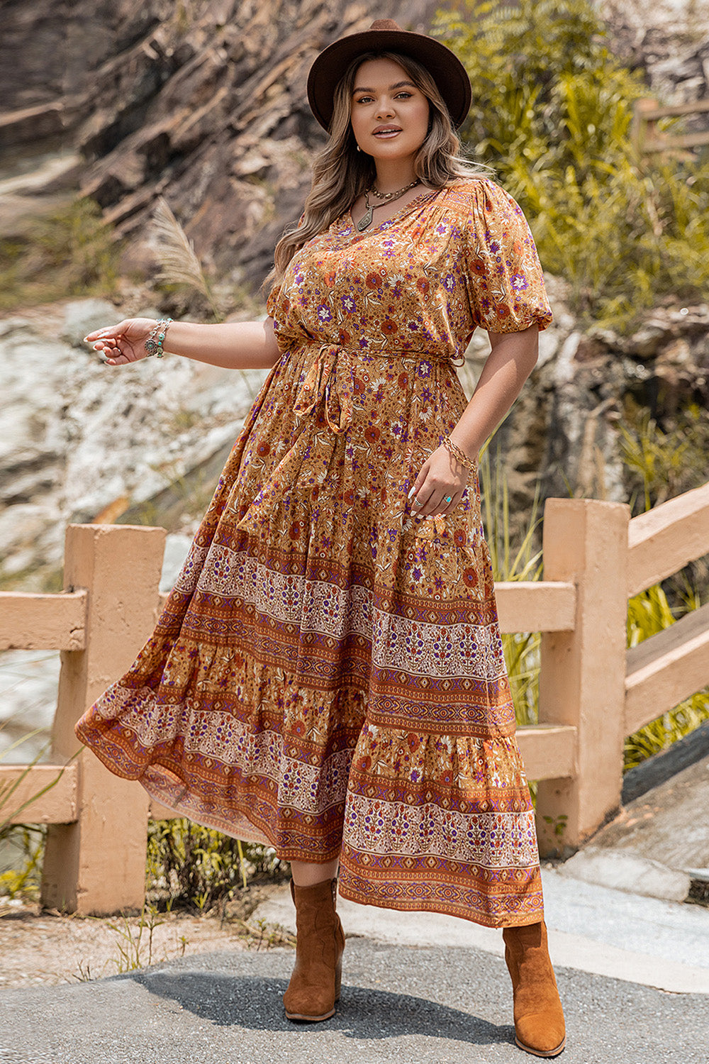 Plus Size Tie Waist Puff Sleeve Dress - Premium Dresses from Trendsi - Just $46.99! Shop now at Handbags Specialist Headquarter
