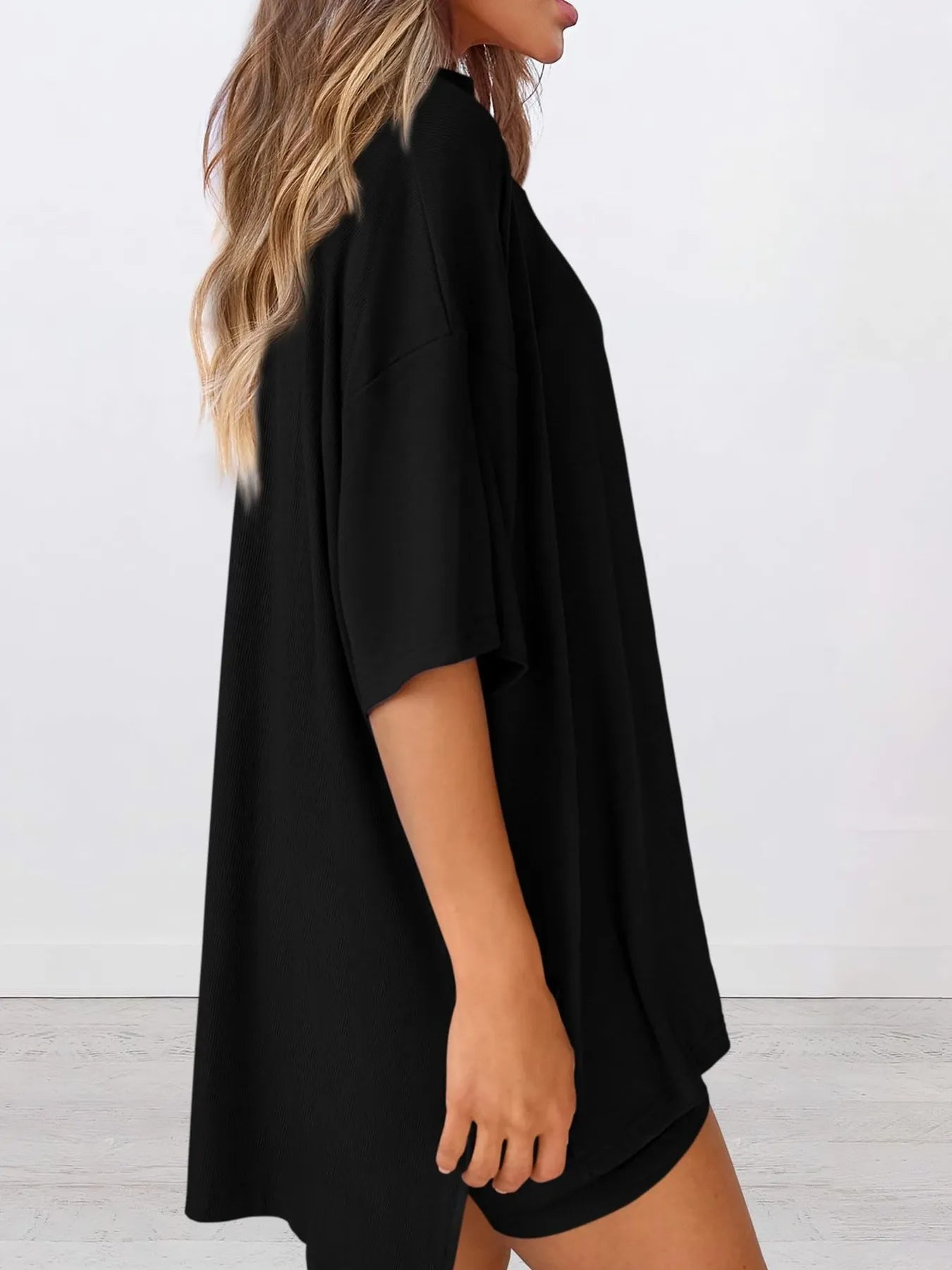 Full Size Oversized Slit Round Neck Top and Shorts Lounge Set Plus Size - Premium Sleepwear from Trendsi - Just $28.99! Shop now at Handbags Specialist Headquarter